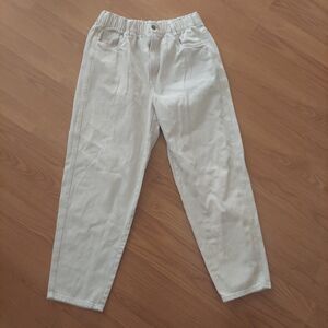 H&M Beige Denim High Waist Cropped Tapered Jeans Elastic Waist Sz 8